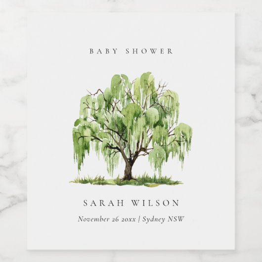 Rustisch groen Waterverf Willow Tree Baby shower Wijn Etiket (Enkel label)