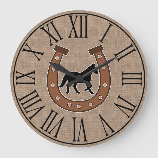 Rustisch Hoefijzer en Black Horse Faux Burlap Grote Klok (Voorkant)