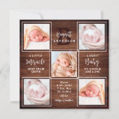 Rustisch hout 5 Foto Collage New Baby Stats Birth Aankondiging (Voorkant)