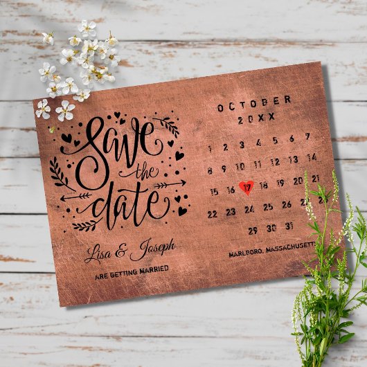 Rustisch hout Bespaar de Datum Rood hart kalender Kaart