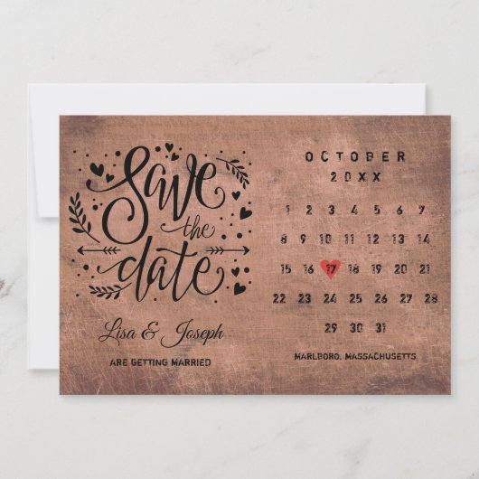 Rustisch hout Bespaar de Datum Rood hart kalender Kaart (Voorkant)