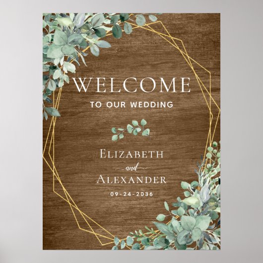 Rustisch hout Botanische eucalyptusbruiloft Welkom Poster (Voorkant)