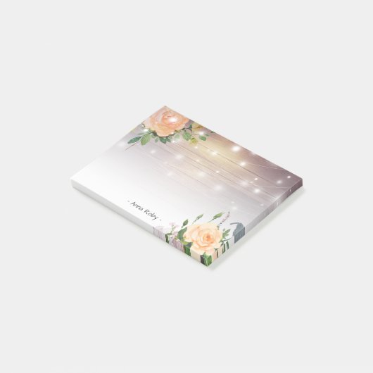 Rustisch hout Elegant White Rose Floral String Lig Post-it® Notes (Schuin)