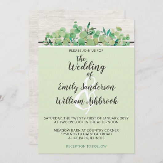 Rustisch hout en Eucalyptus Leaf Botanical Wedding Kaart (Voorkant / Achterkant)