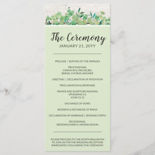Rustisch hout en Eucalyptus Leaf Botanical Wedding Programma (Voorkant)