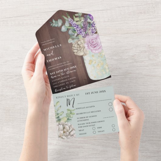 Rustisch hout en plantgoed Eucalyptus Wedding All In One Uitnodiging (Afscheurbaar)