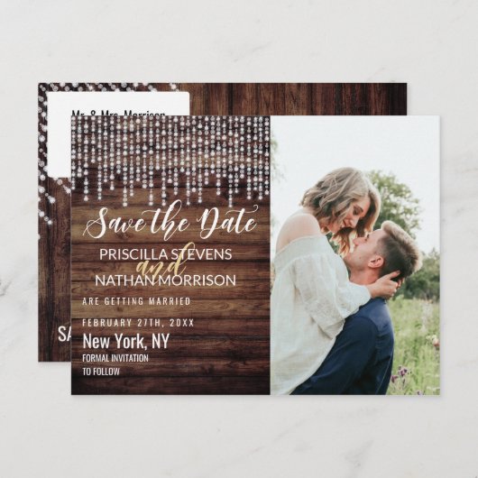 Rustisch hout met ruitvormige ruitverlichting spar aankondigingskaart (Voorkant / Achterkant)