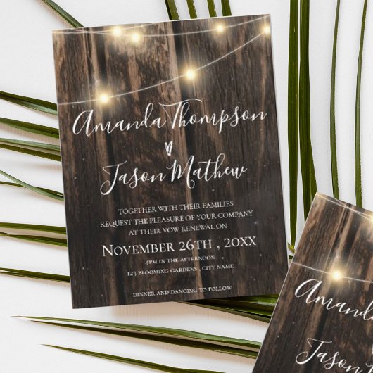 Rustisch hout met String Lights Vow Renewal Kaart