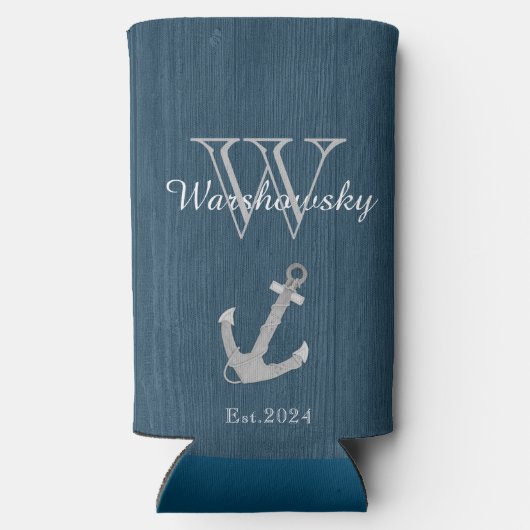 Rustisch hout Nautical Blue Anchor Monogram (Achterkant)