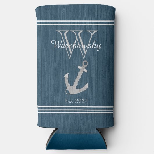 Rustisch hout Nautical Blue Anchor Monogram (Voorkant)