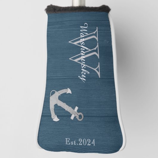Rustisch hout Nautical Blue Anchor Monogram Golfheadcover (Draai 90)