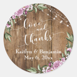 Rustisch hout, wit licht, bloemen liefde en Bedank Ronde Sticker