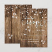 Rustisch hout, witte lichten en neusvlokken RSVP Kaartje (Voorkant / Achterkant)