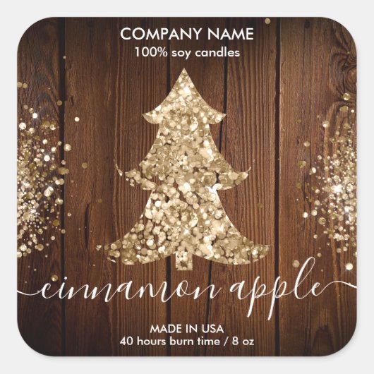 Rustisch kerstboomkaarsenlabel met glitter vierkante sticker (Voorkant)