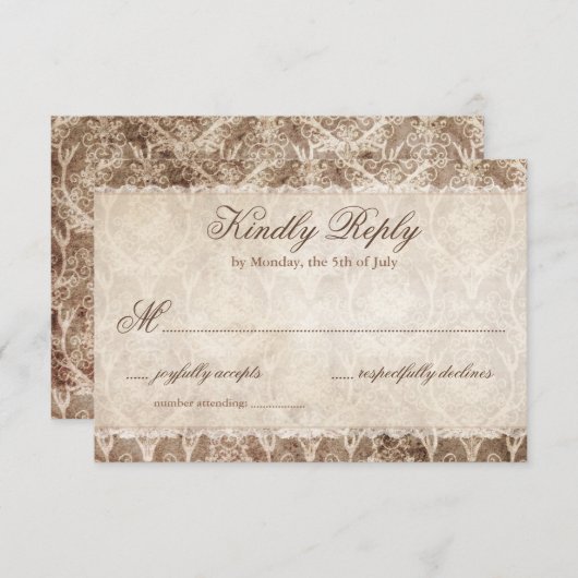 Rustisch land Antler + RSVP-Kaarten met Lace Weddi RSVP Kaartje (Voorkant / Achterkant)