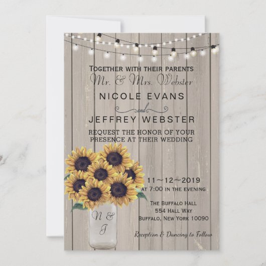 Rustisch land Barn Wedding Sunflower Mason Jar Kaart (Voorkant)
