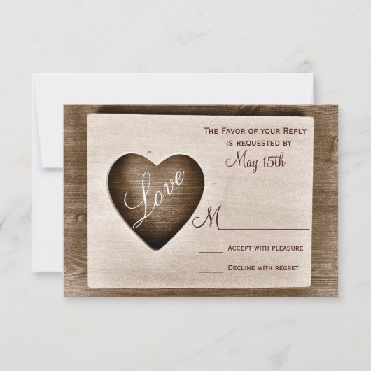 Rustisch land Barn Wood Love Heart Wedding RSVP (Voorkant)