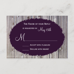 Rustisch land Barn Wood Paars Wedding RSVP Kaartje