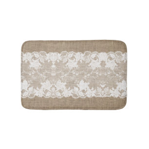 Rustisch land:  beige burlap en witte kant badmat