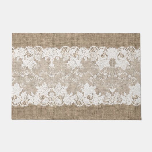 Rustisch land: beige burlap en witte kant deurmat (Voorkant)