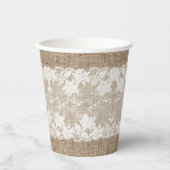 Rustisch land:  beige burlap en witte kant papieren bekers (Voorkant)