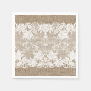 Rustisch land:  beige burlap en witte kant servet