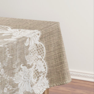 Rustisch land: beige burlap en witte kant tafelkleed