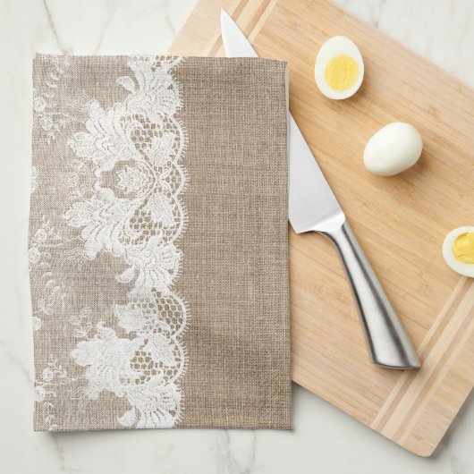 Rustisch land:  beige burlap en witte kant theedoek (Quarter Fold)