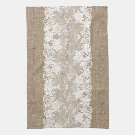 Rustisch land:  beige burlap en witte kant theedoek (Verticaal)