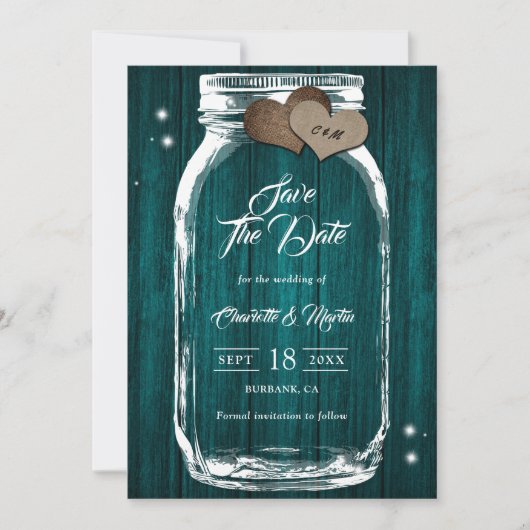Rustisch land Blauwgroen hout Hoorten Mason Jar We Save The Date (Voorkant)