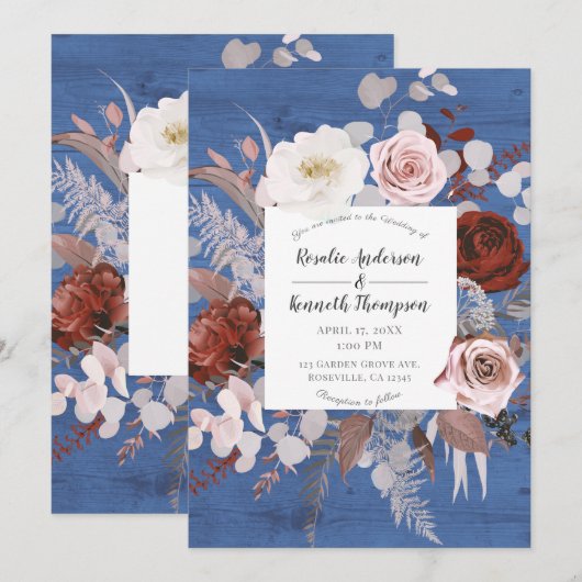 Rustisch Land Blue Wood Floral Bloom Wedding Kaart (Voorkant / Achterkant)