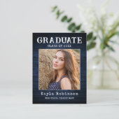 Rustisch Land Blue Wood Plank Foto Afstuderen Briefkaart (Staand voorkant)