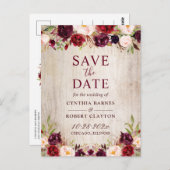Rustisch land Burgundy Red Floral sparen de datum Briefkaart (Voorkant / Achterkant)