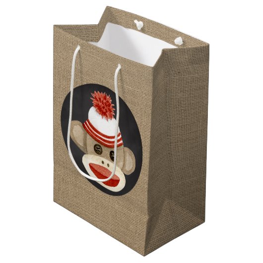 Rustisch land Burlap Birthday Sock Monkey Medium Cadeauzakje (Voorkant Gekanteld)