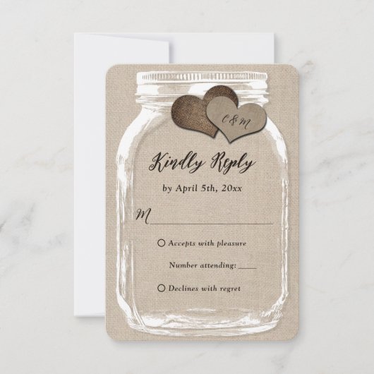 Rustisch land Burlap Heart Mason Jar Wedding RSVP (Voorkant)