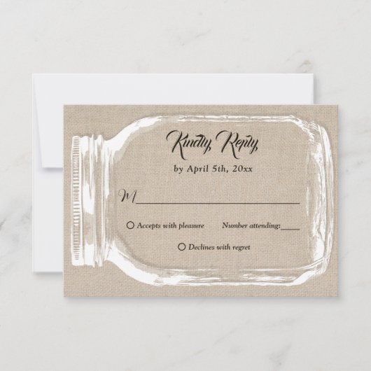 Rustisch land Burlap Heart Mason Jar Wedding RSVP (Voorkant)