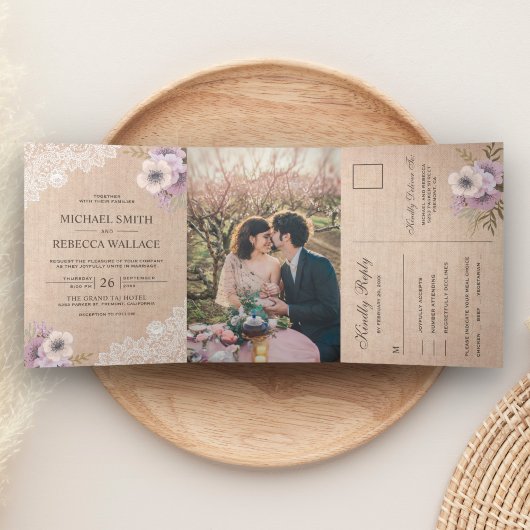 Rustisch land Burlap Lace Pink Floral Wedding Drieluik Uitnodiging