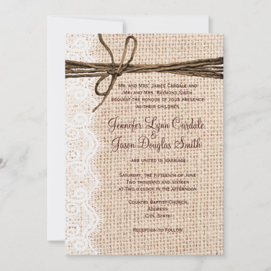 Rustisch land Burlap Lace Twine Wedding Invites Kaart (Voorkant)