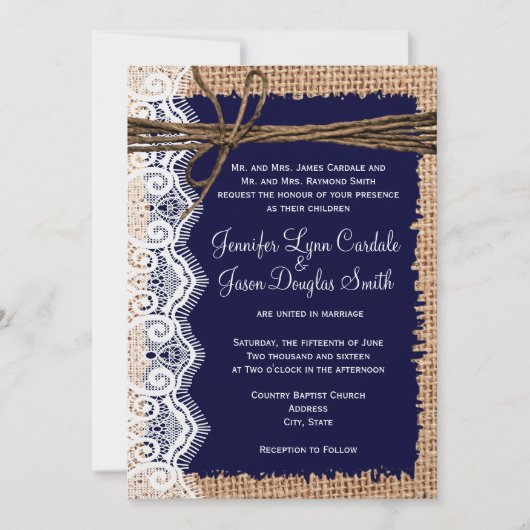Rustisch land Burlap Lace Twine Wedding Invites Kaart (Voorkant)