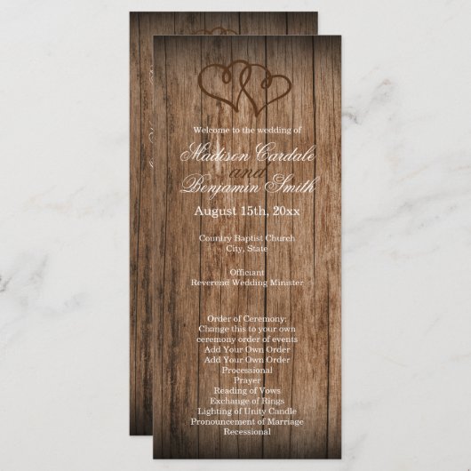 Rustisch Land Double Hearts Wood Wedding Program Programma (Voorkant / Achterkant)