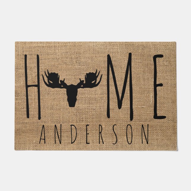 Rustisch Land Faux Burlap Moose Familienaam Deurmat (Voorkant)
