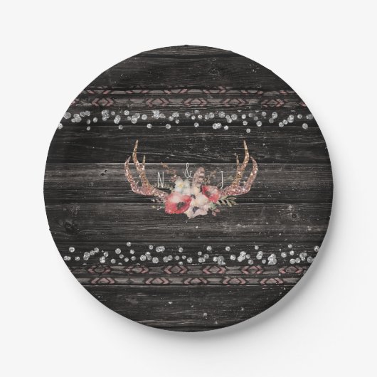 Rustisch land Glam Flowers & Antlers Boho Chic Papieren Bordje (Voorkant)