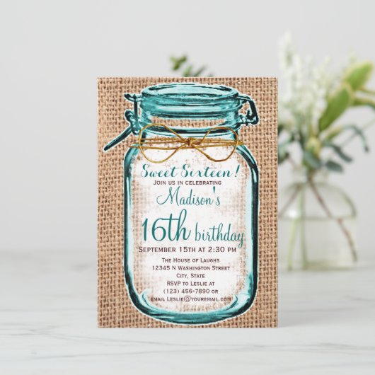 Rustisch land Mason Jar Birthday Uitnodiging (Staand voorkant)