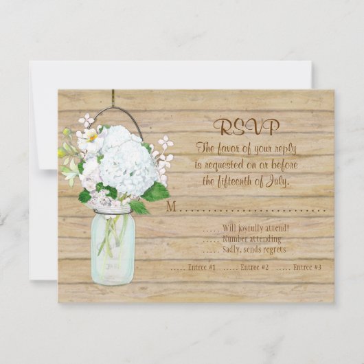 Rustisch land Mason Jar Flowers White Hydrangeas RSVP Kaartje (Voorkant)