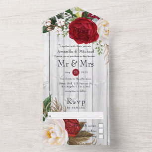 Rustisch Land Red en White Boho Floral Wedding All In One Uitnodiging