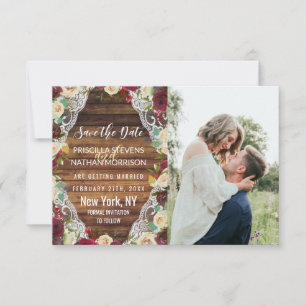 Rustisch land Red Ivory Floral Lace Wood Save The Date