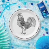 Rustisch land Rooster Black en White Papieren Bordje (Feest)