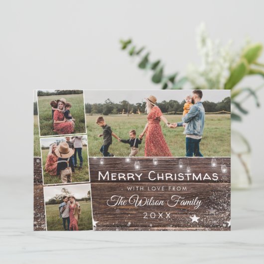 Rustisch Land Wood String Lights Mason Jars Feestdagenkaart (Staand voorkant)