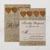 Rustisch land Wooden Hearts Burlap Wedding RSVP (Voorkant / Achterkant)