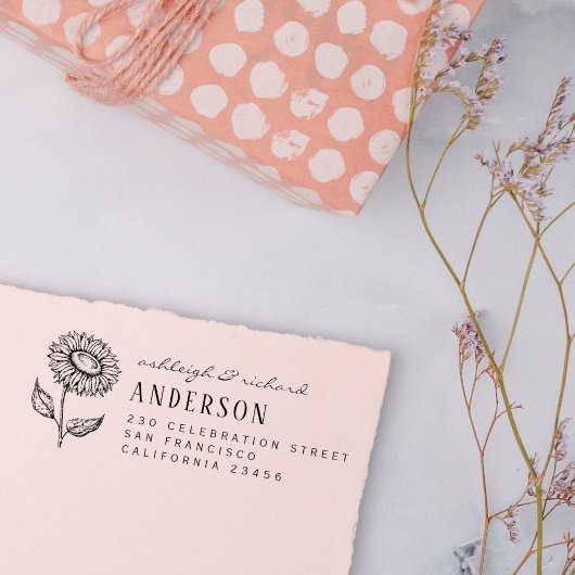 Rustisch land - Zonnebloemnaam & retouradres Rubberstempel